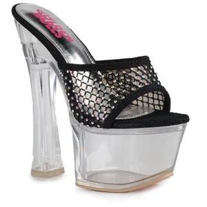 Offer!Golden Bulls Black Mesh Rhinestone Embellished Clear Lucite Platform Heels